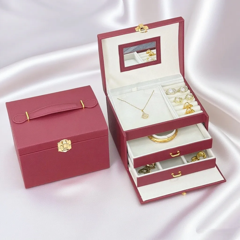 

High-end new three-layer jewelry box, ring, necklace, stud, bracelet, jewelry storage box, desktop drawer-style jewelry box