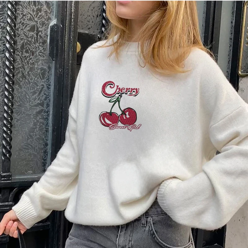 Y2k Loose Knitted Women Sweater Fairy Long Sleeve O-neck Cherry Graphic Pullover 2024 White Warm Solid Casual Street Lady Jumper