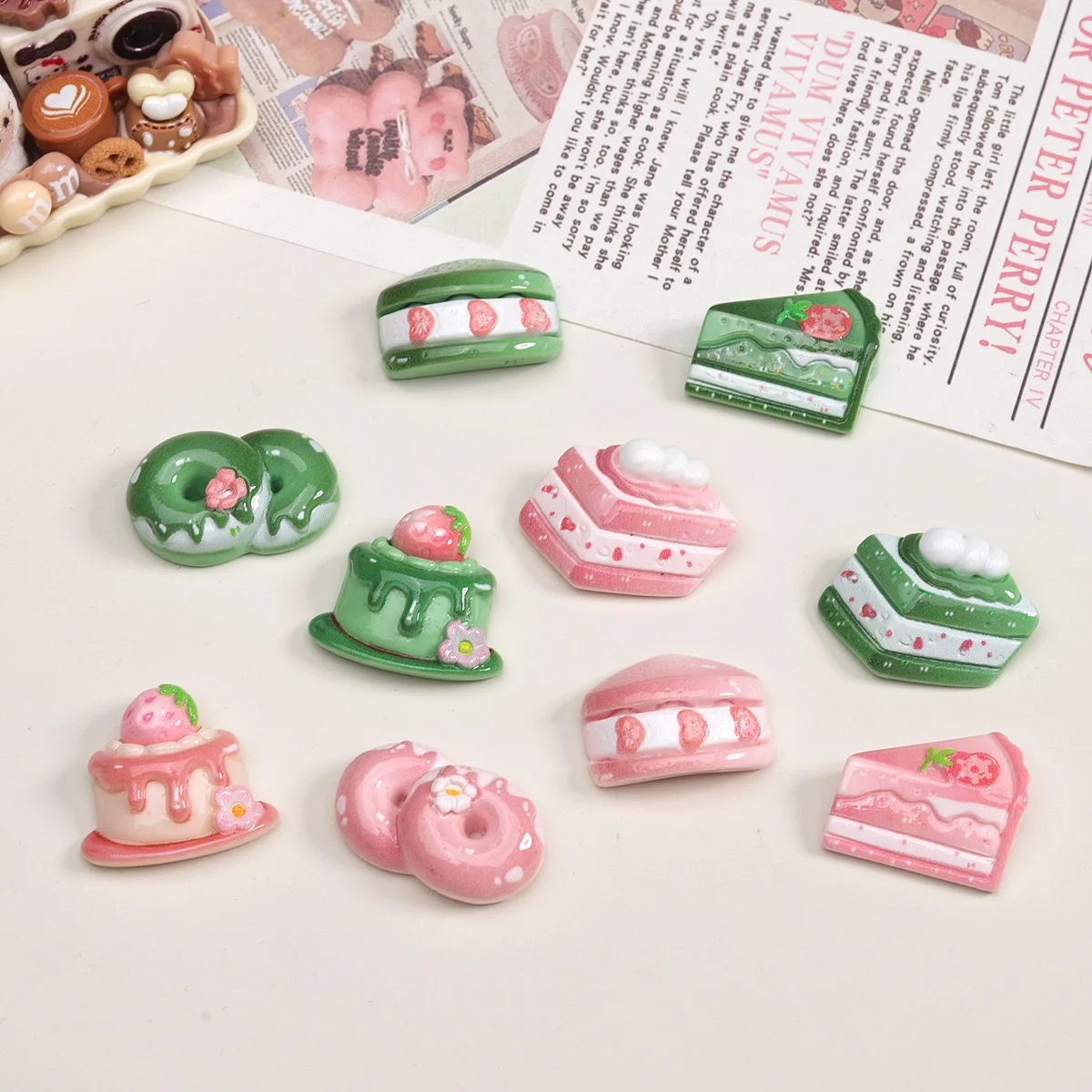 Matcha Cake Flatback Resin Cabochon 20pcs Sweet Cake Foods Play for DIY Jewelry Making Wholesale Hole Shoes Decoration Accessory
