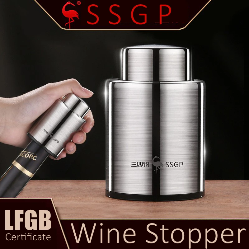 LFGB Certificated 304 Stainless Steel Red Wine Stopper 7 Days Fresh Keeping Cork with Push Button Air Out Vin Rouge Tool