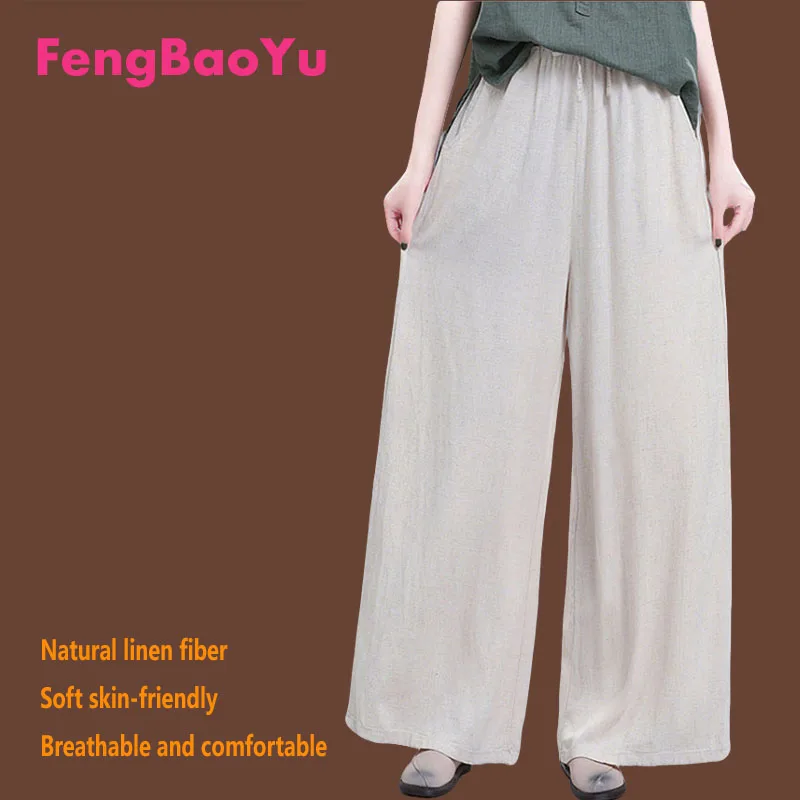 

Fengbaoyu Natural 100% Linen Women's Pants - Retro Style High-Waist Strapped Straight Pants for Outdoor Leisure and Comfort