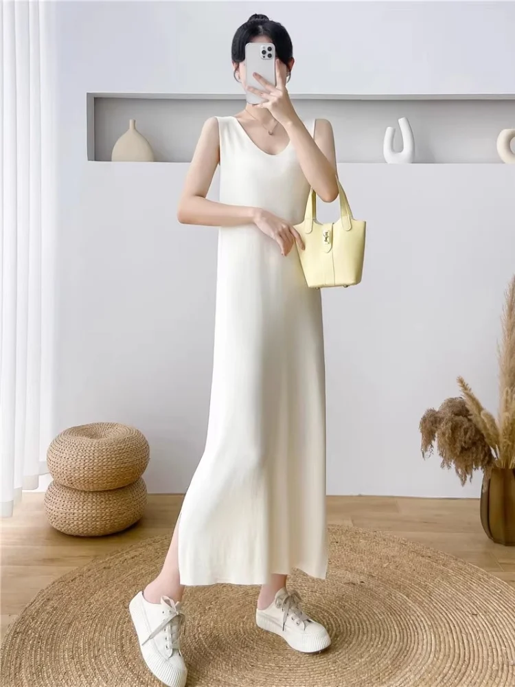 

Summer Ice Silk Knit Dress Women Base Skirt Commuting Elegant O-neck Sleeveless V-Neck Vest Halting Lady Loose-fit Long Skirt