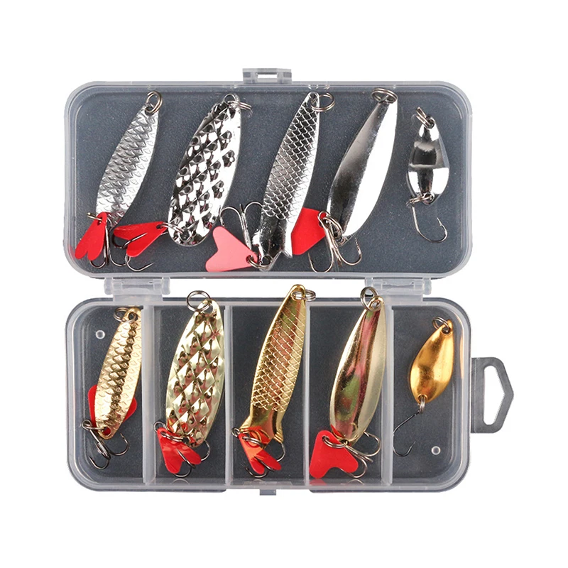 5pcs/pack Gold And Sliver Metal Jig Spoon Spinner Fishing Lure Wobbler Bait Set With Fishing Tackle Box Kit For Fishing