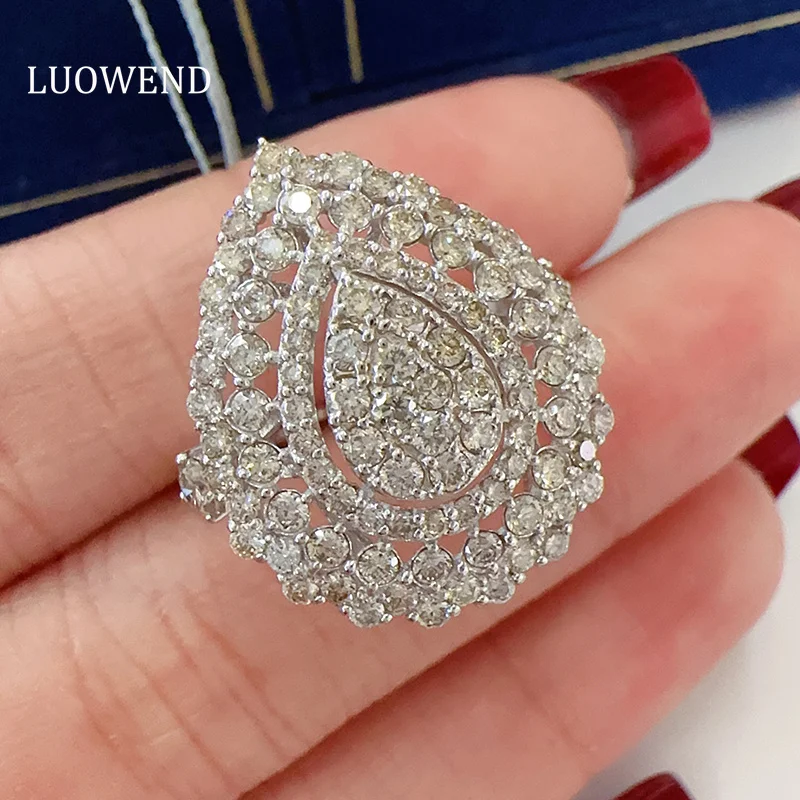 LUOWEND 100% 18K White Gold Rings Real Natural Diamond Engagement Ring Luxury Water Drop Shape High Party Jewelry for Women