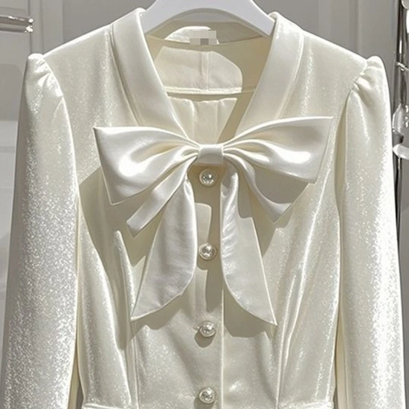 

Французский белый бархатный пиджак с v-образным вырезом, женский весенний новый шикарный модный однобортный пиджак с бантом, женские пальто, топ TT338