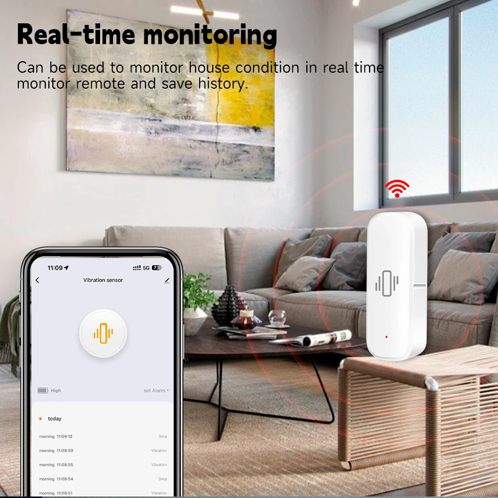 Tuya Zigbee Smart Vibration Sensor Detection Smart Life APP Notification Real-Time Monitor Motion Shock Alarm History Record