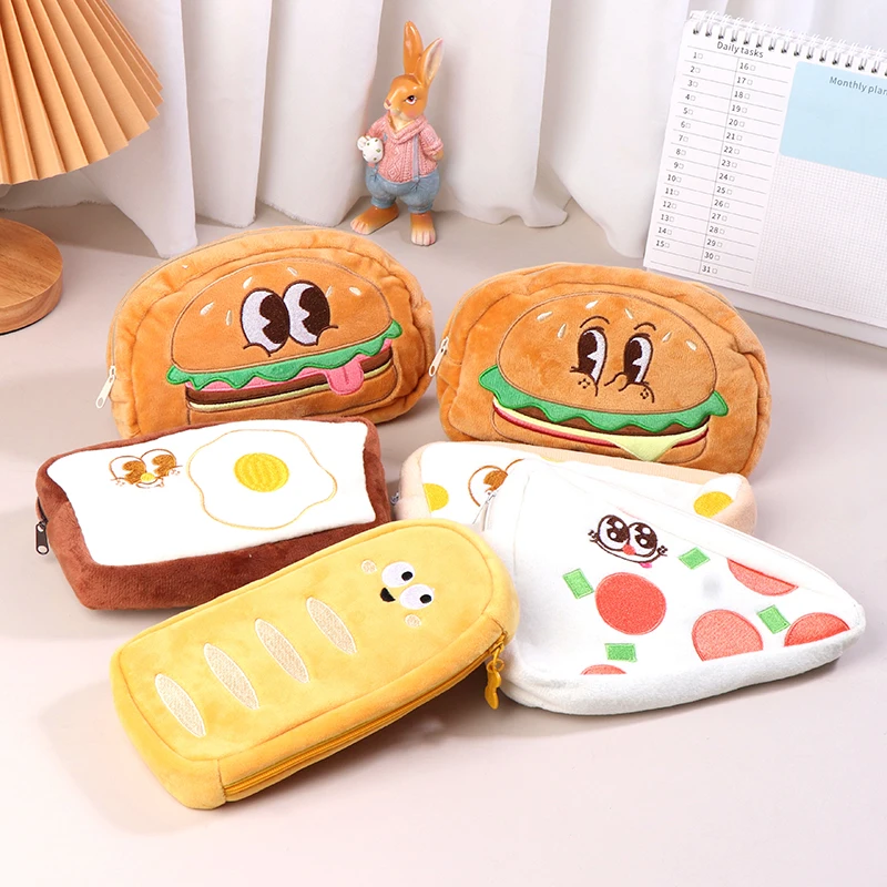 Lindo estuche de lápices para tostadas, Pizza, pan, hamburguesa, bolsa de cosméticos de gran capacidad, bolsa de bolígrafo de felpa, bolsa de almacenamiento, suministros de papelería de oficina