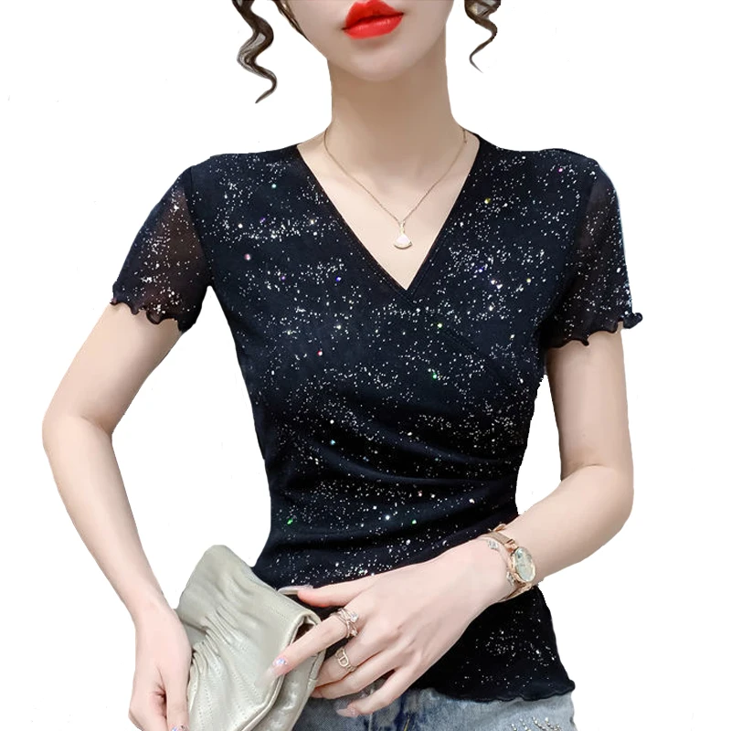 Summer Women clothing Fashion Shiny Short-sleeve bottoming shirt V-neck Slim Mesh Tops All-match Ladies Bright silk t-shirt