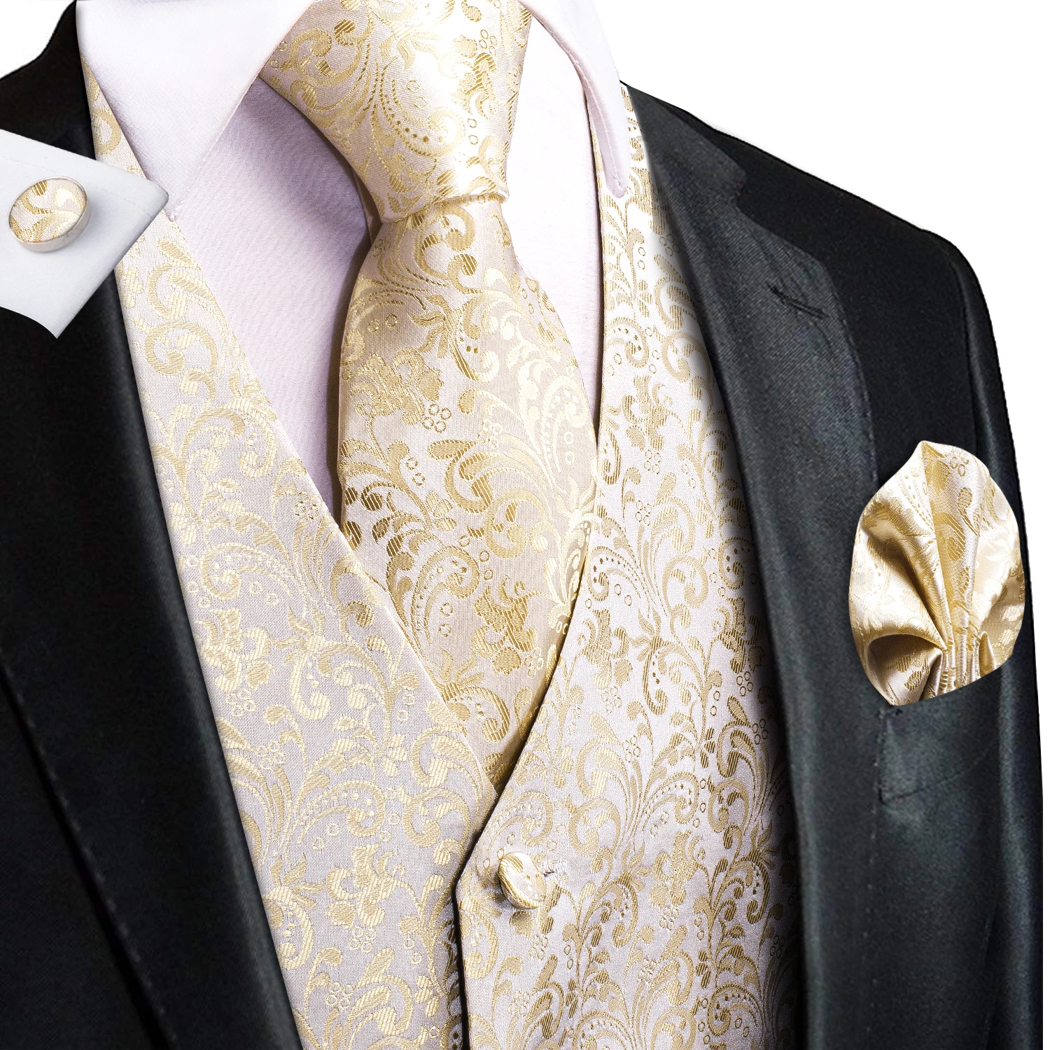 Hi-Tie Silk Champagne Vest Set For Men Gold Smart Casual Men\'s Vest Suit Yellow Waistcoat for Wedding Business Formal Jacket