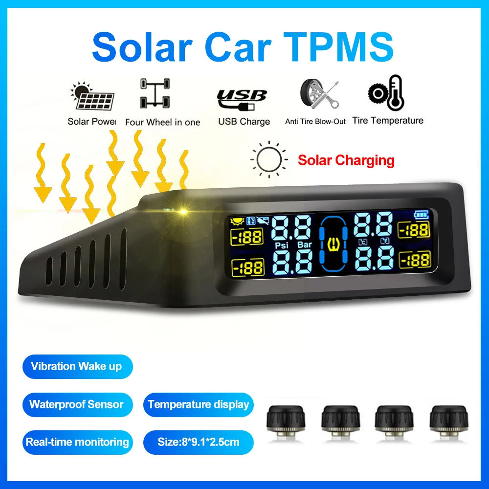 

Intelligent TPMS Solar Tyre Pressure Monitoring System Parking Sensors For Cars Temperature Tire Air Pressure Gauge