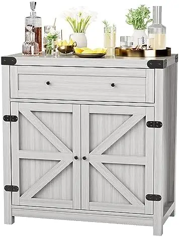 

Coffee Cabinet Farmhouse Kitchen Sideboard Buffet Cabinet with Drawer and Adjustable Barn Door Cabinet for Kitchen, Dining Ro