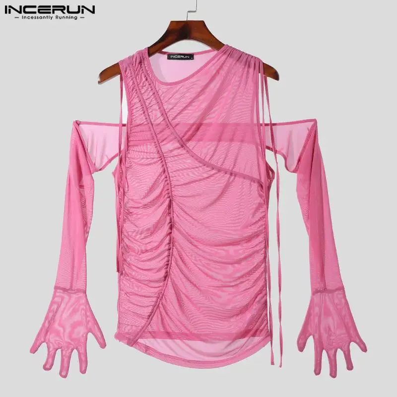 2023 Men T Shirt Mesh Transparent Lace Up Pleated Irregular Tee Tops Streetwear Solid Off Shoulder Long Sleeve Camsietas INCERUN