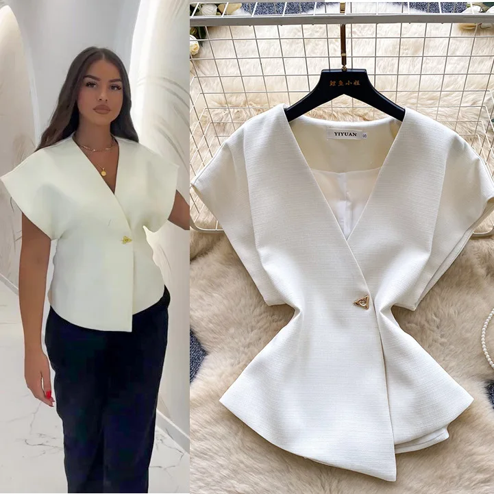 

Blouses Women Shirt Top Irregular Vintage V Neck Short Sleeve Tops Y2k Streetwear Solid Work Elegant Splice Shirts 2026 Spring