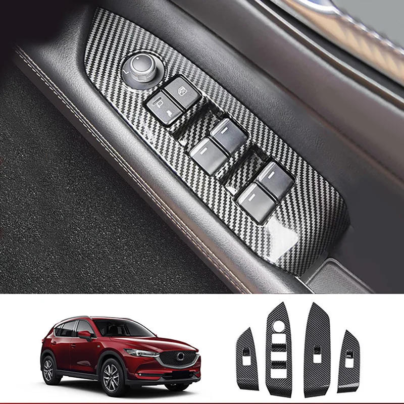 For Mazda CX-5 CX5 2017-2021 ABS Carbon Car Inner Armrest Window Glass Switch Frame Panel Cover Trim