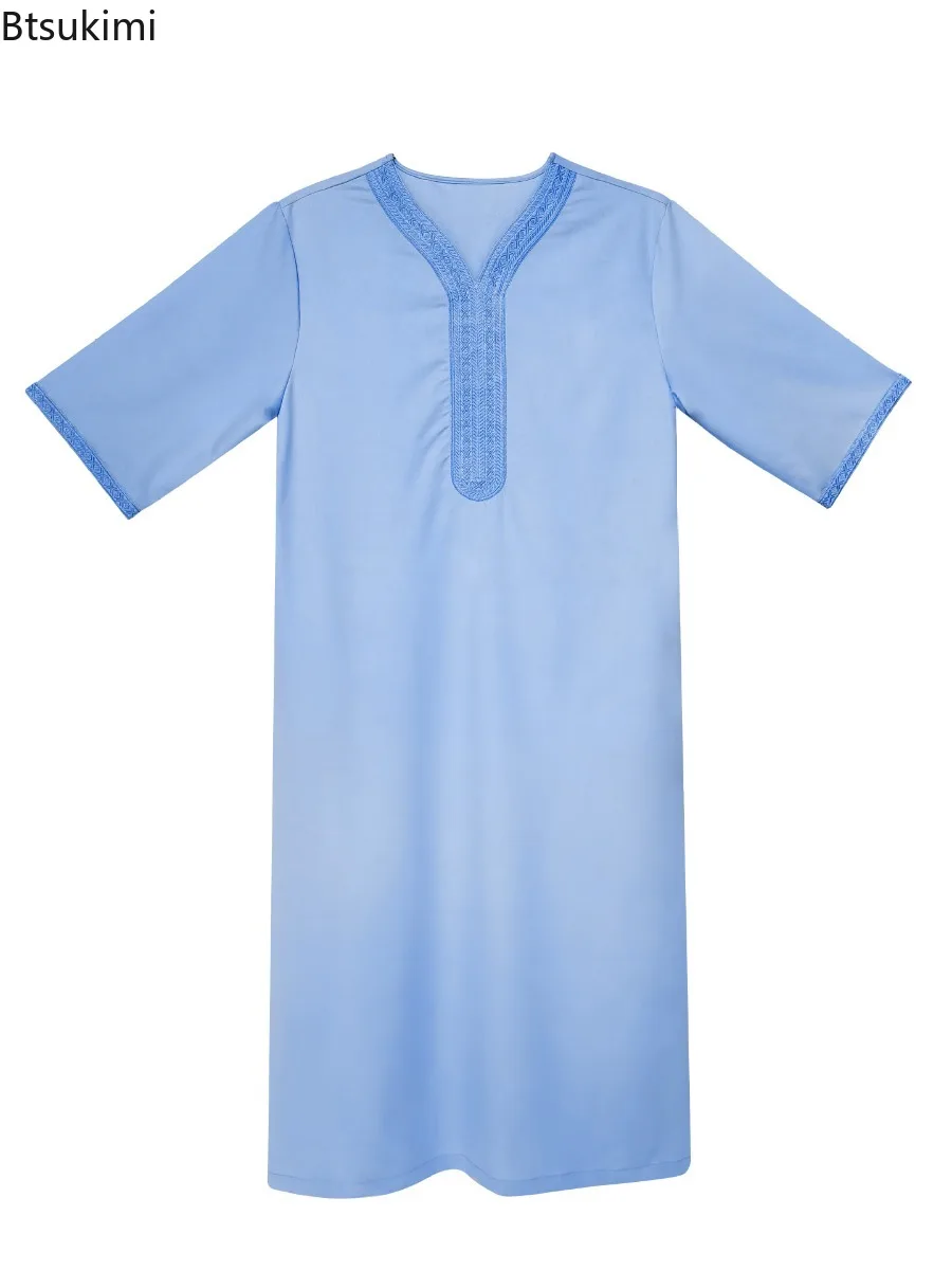 Roupão Masculino Marroquino Bordado com Decote em V, Moda Muçulmana, Abayas com Bolsos Laterais, Vestuário Islâmico Árabe, Vestido para Eid e Ramadan