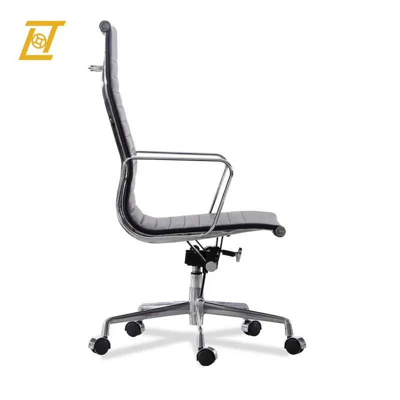 Ribbed Office Chair Meeting Chairs Mid Back Top Black Grain Leather Desk Chair Swivel Chair Adjustable Ergonomic Computer Chairs