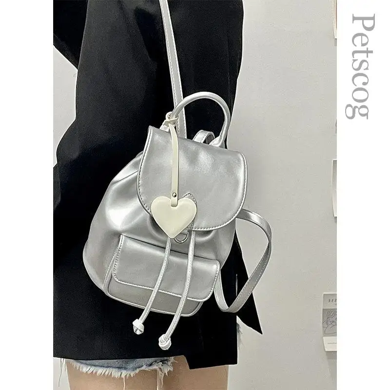 Zaini moda coreana per ragazza 2023 argento borsa da scuola con patta in pelle Pu di grande capacità borsa a tracolla da viaggio di lusso zaini Y2k