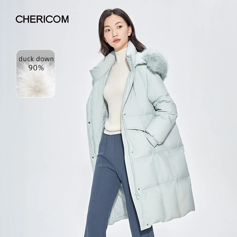 

Chericom Winter Women's Mid Long Hooded Fur Collar Down Jackets Overcoat Large Pocket Commuter Casual Warm Padded Jacket 289225