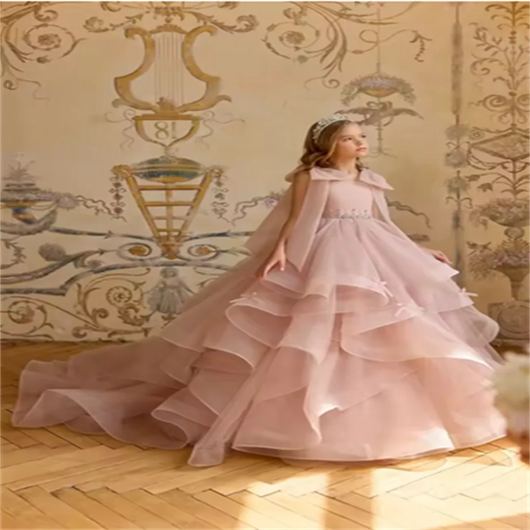 Vestido de niña de flores rosa personalizado, vestidos de princesa con volantes y cuentas hinchadas, vestidos de cumpleaños para niños, vestido de primera comunión personalizado