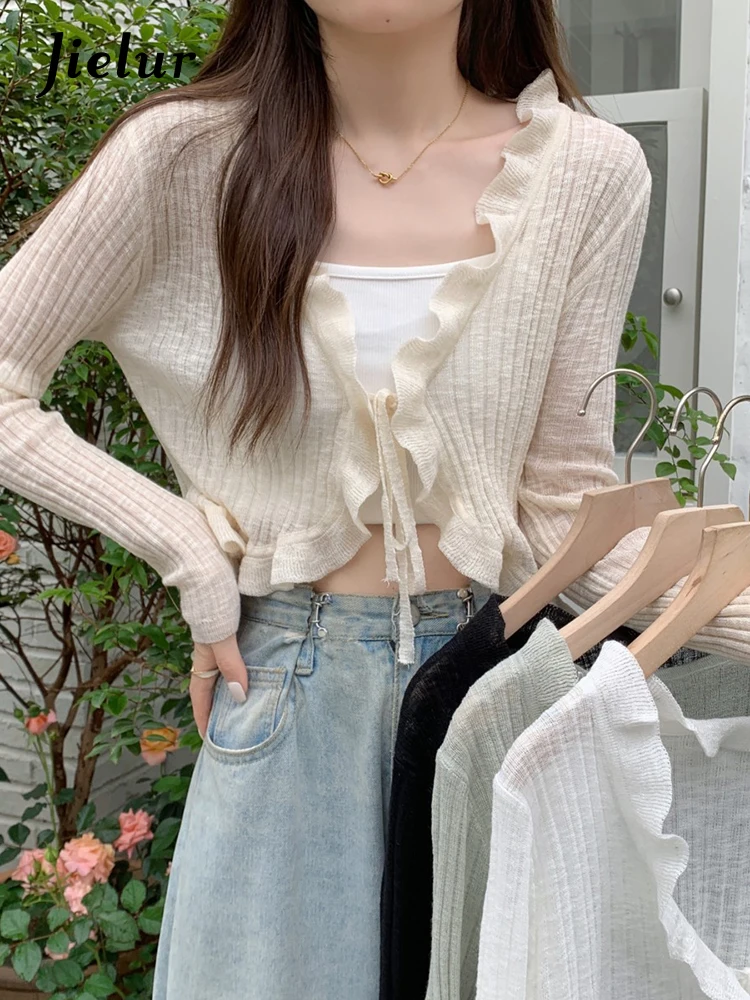 Jielur Autumn New Solid Color Slim Cardigan Woman Sweet Ladies Elegant Cardigan Black Apricot Green White Knitted Cardigan Women