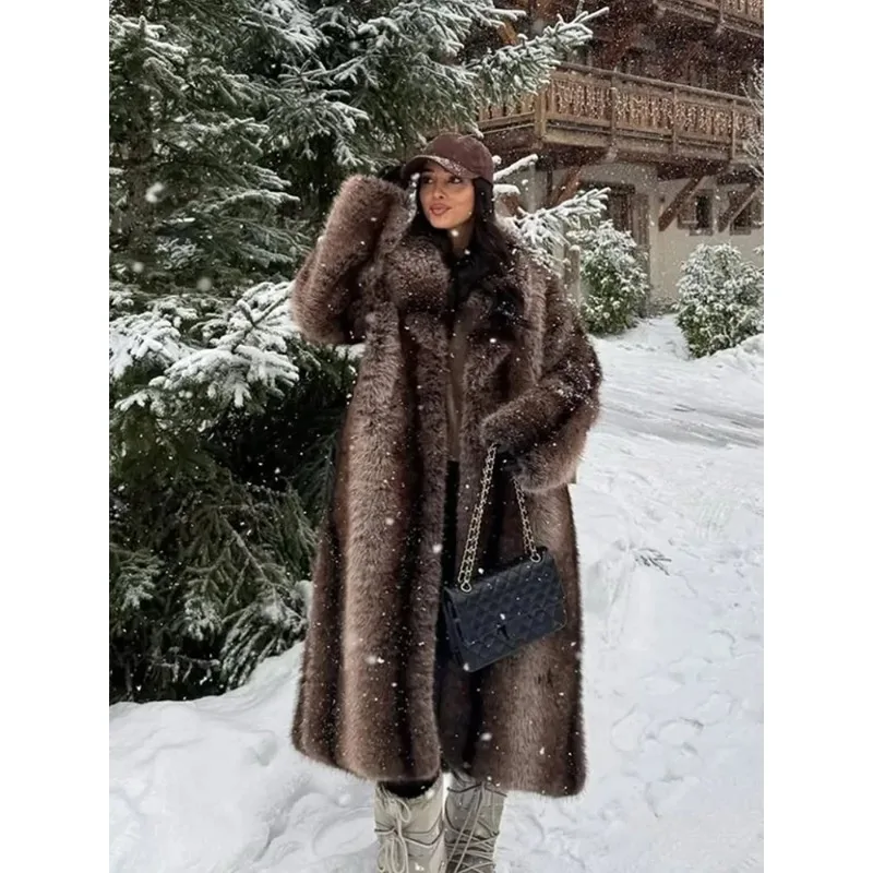 Manteau long en fausse fourrure marron de luxe pour femmes, col châle décontracté, manches longues, manteau moelleux, hiver, chic, épais, chaud, vêtements de rue