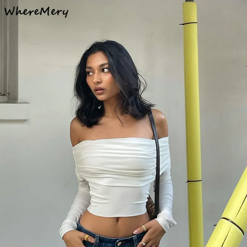 WhereMery Sexy Slash-neck Ruched T Shirt Aesthetic Solid Off Shoulder Long Sleeve Tees Elegant Skinny Party Streetwear Crop Tops