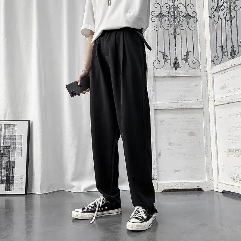 Men's Summer Thin Ice Silk Wide Leg Dress Pants Loose Straight Fit Korean Style Trendy Versatile Casual Trousers