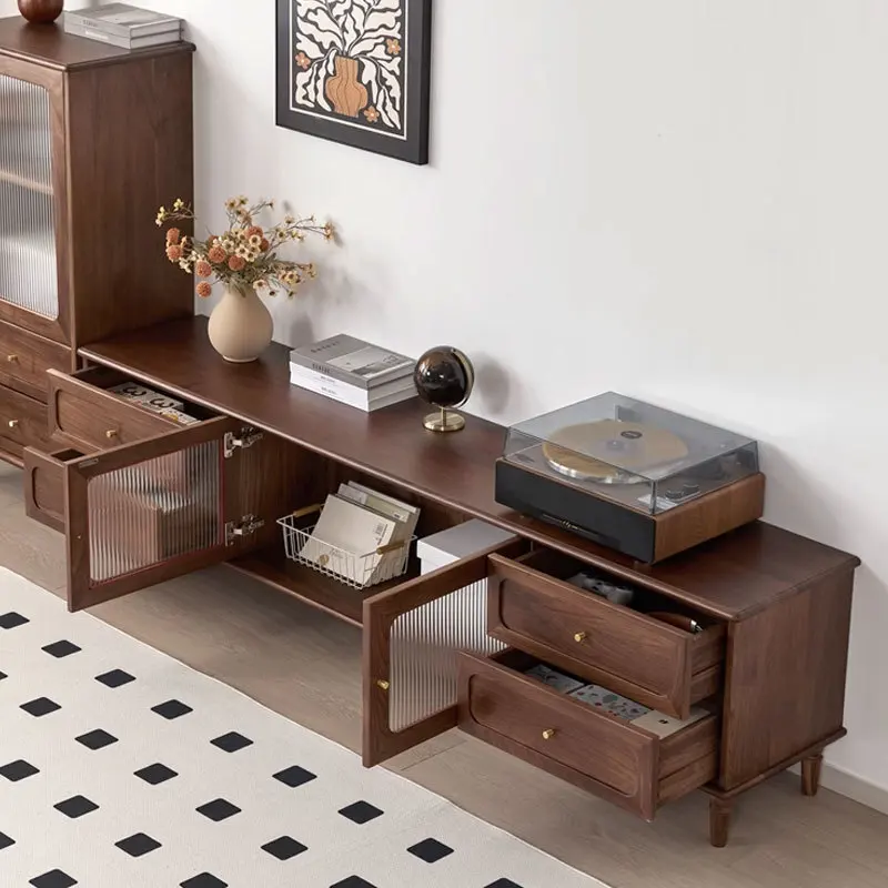 خزانة تلفزيون من خشب الجوز الأسود لغرفة المعيشة، خزانة أرضية أمريكية قديمة، خزانة تخزين بسيطة وحديثة #5