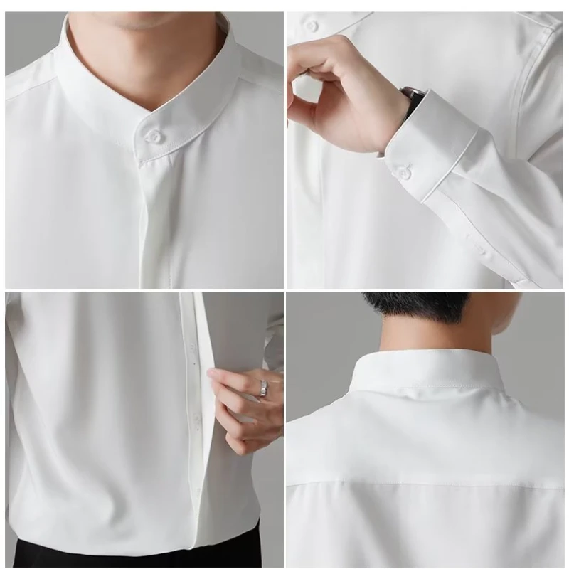 Stand-up Collar Solid Color Men Casual Long Shirt, Business Casual Slim-fit Dress Shirt, Concealed Button Youth Daily Clothing.