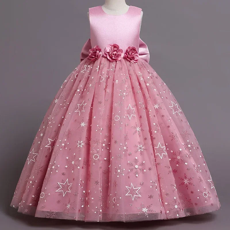 Fashion Bow Flower Girl Dresses Mesh Lace Sleeveless Girls Dresses for Party and Wedding Summer Girls Party Dresses 3-12Y