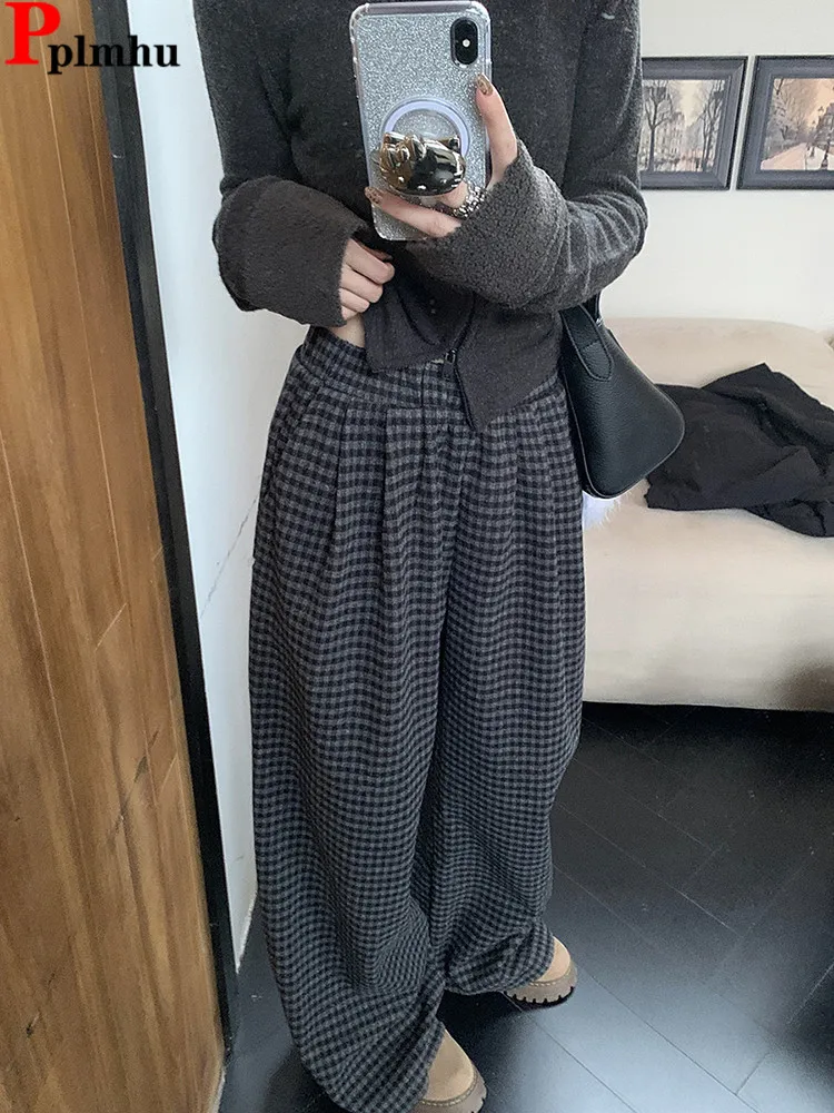 

Korea Plaid Wool Blend Wide Leg Pants High Wasit Baggy Casaul Pantalones Casual New Spodnie Winter Warm Vintage Women Trousers