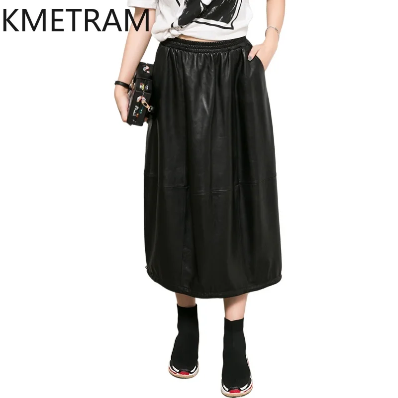 KMETRAM Real Sheepskin Genuine Leather Skirts Autumn Winter Women Clothing 2024 New Arrivals Fashion Long Skirt Loose Fit Готика