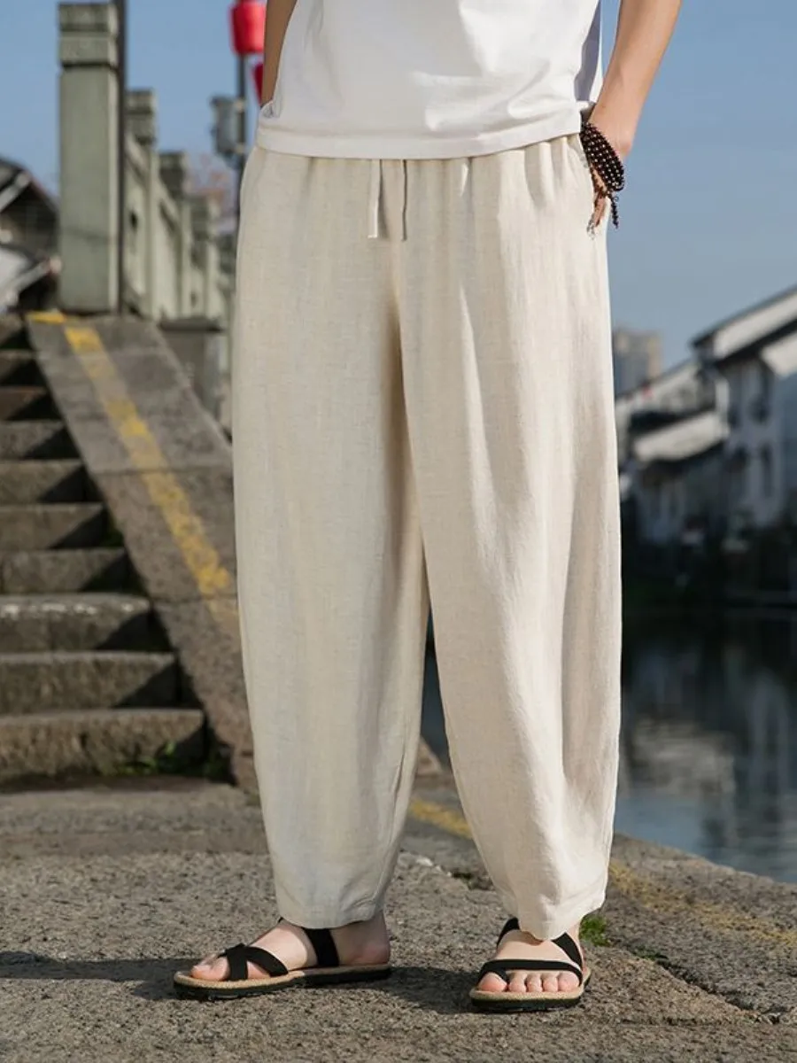 Summer Men's Wide Leg Cotton Linen Pants Loose Fit Carrot Shape Nine Points Lantern Pants Casual Loose Style Fashionable