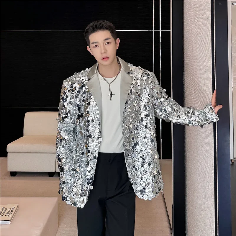 Men's Sequins Blazer Glitters Bling Suit Jackets Singer Stage Shiny Clothing Black Silver Oversize Party Suit Coat Man ZL269