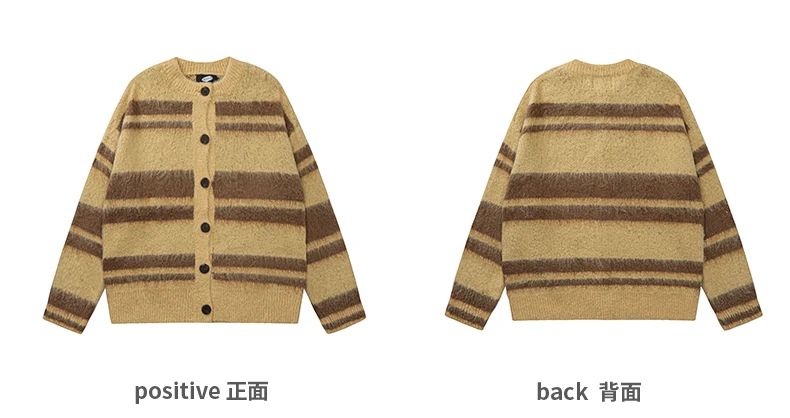 Autumn Winter New American Retro Style Soft Loose Casual Black Gray Knitted Cardigan Men's Blue Brown Striped Sweater