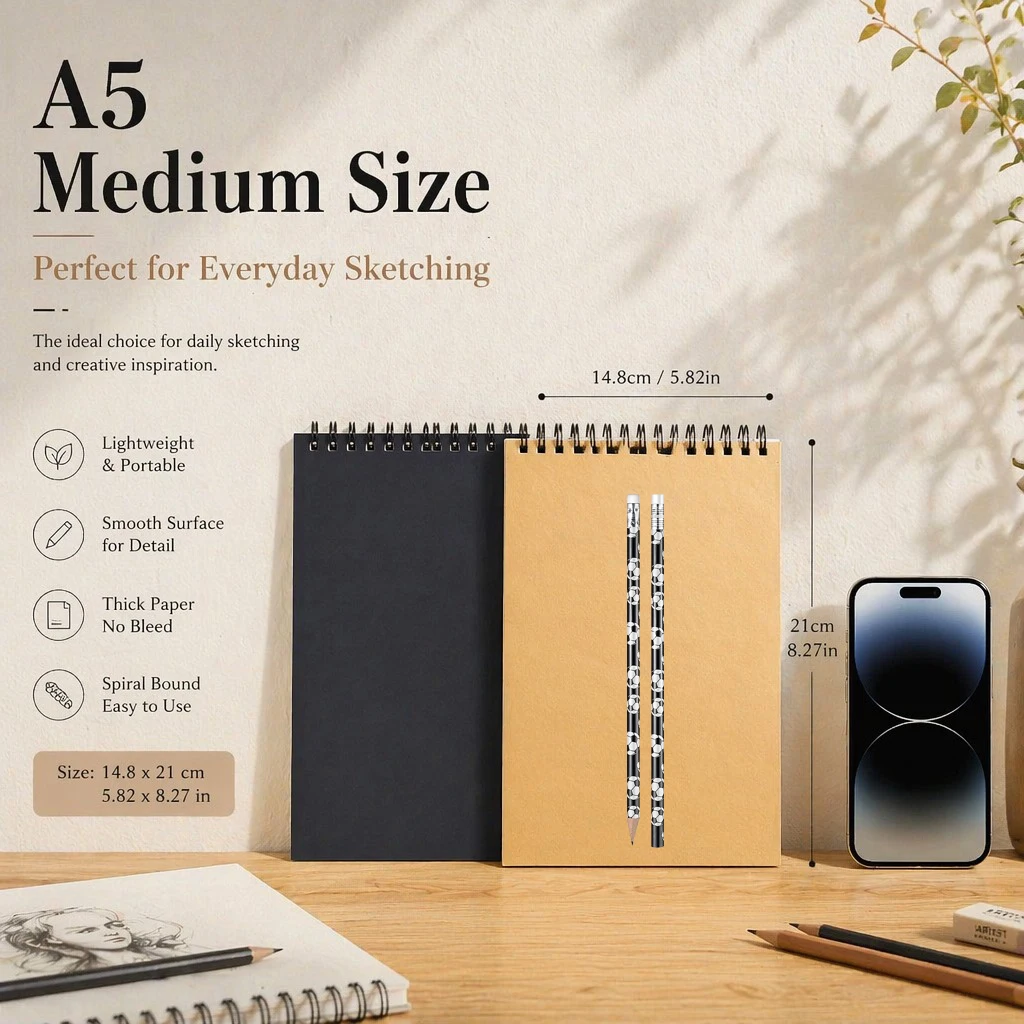 2 football pencils + 1 black sketchbook + 1 yellow sketchbook. A4/A5/A6/16K sketchbooks are suitable for drawing, sketching。