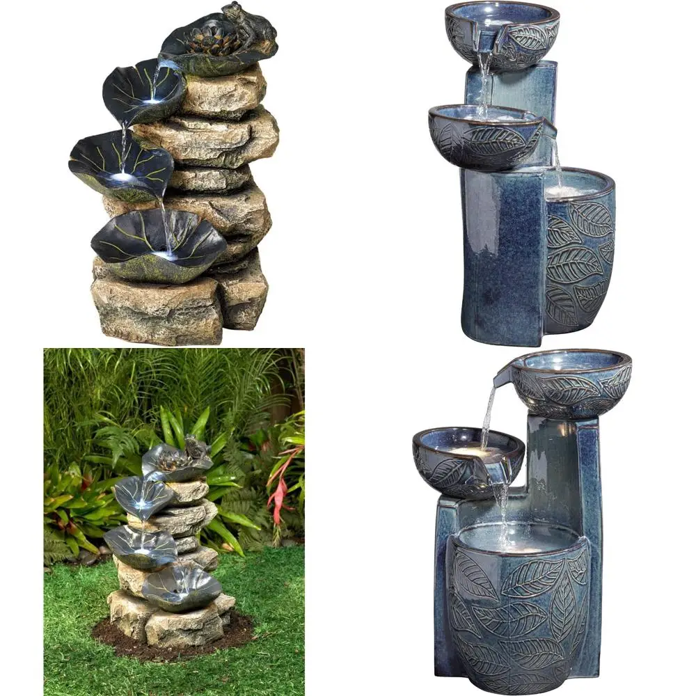 

Large Rustic Faux Stone Floor Fountain with LED Light, 21" High, Indoor Outdoor Waterfall Decor