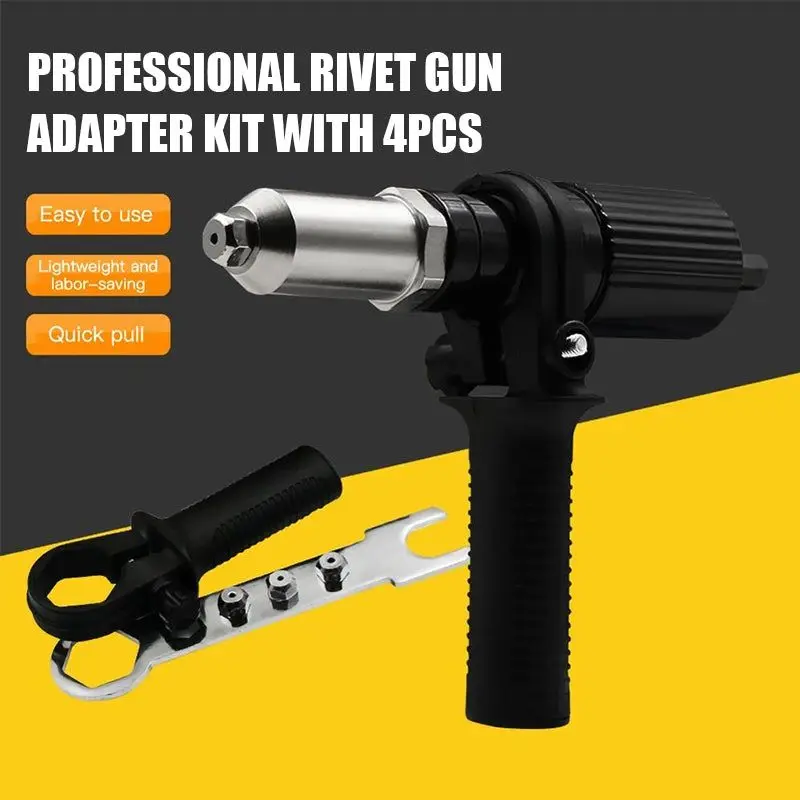 Professional Rivet Gun Adapter Kit with 4Pcs Rivet Head Durable Rivet Nut Gun Machine Riveter Insert Nut Tools