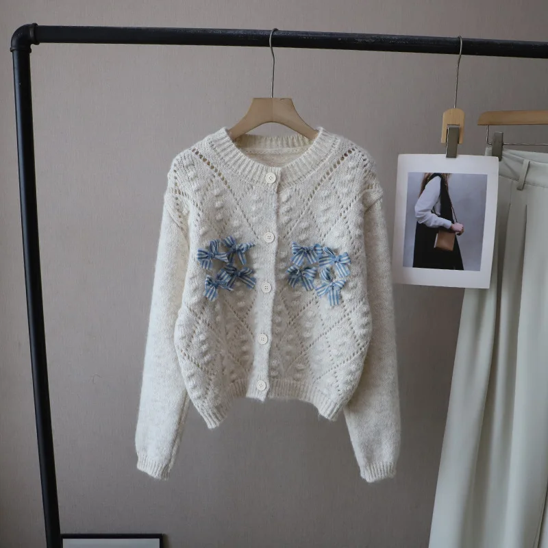 2025 Autumn/Winter New Round Neck Bow Knot Short Versatile Knit Cardigan Sweater for Women