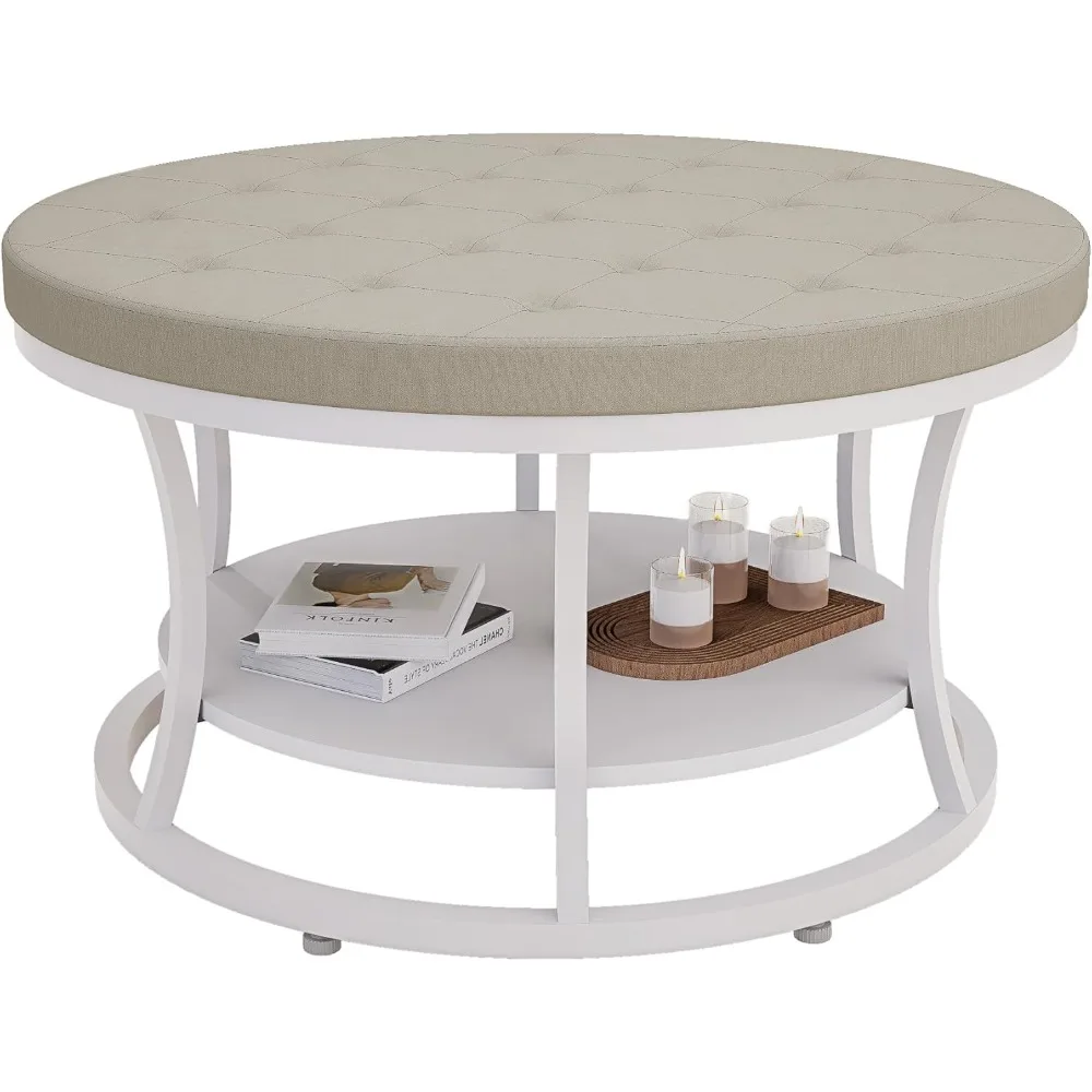 Large Round Storage Ottoman with Upholstered Button Tufted Linen Fabric and Metal Frame