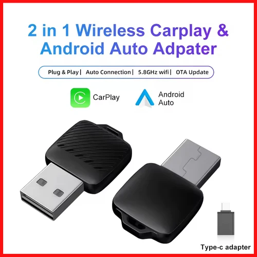 Imagen 1 del producto Adaptador inalámbrico CarPlay/Android Auto con cable a inalámbrico, WiFi de 5 GHz, Plug and Play USB/tipo-c, para coches CarPlay/Automáticos con cable 99 %