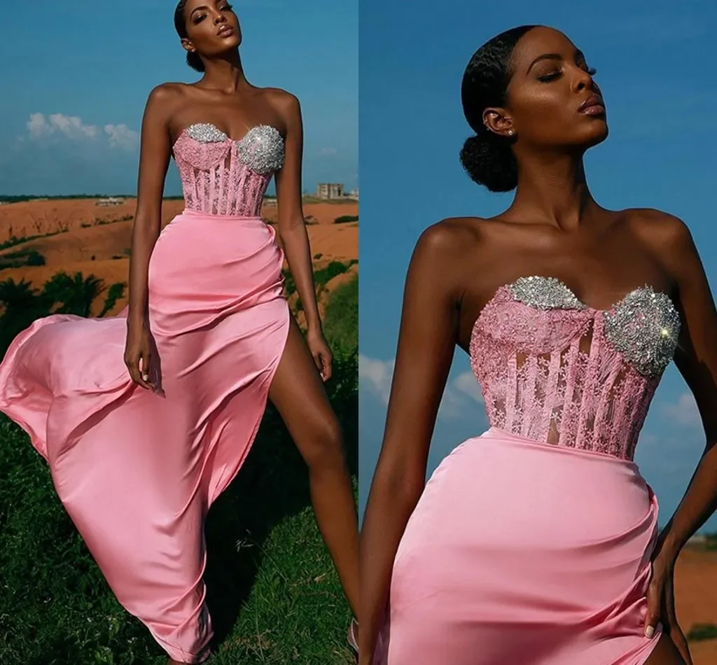 

Pink Sweetheart Long Formal Evening Dress Beaded Lace Corset Prom Party Gown Sexy Side Split Satin 2026