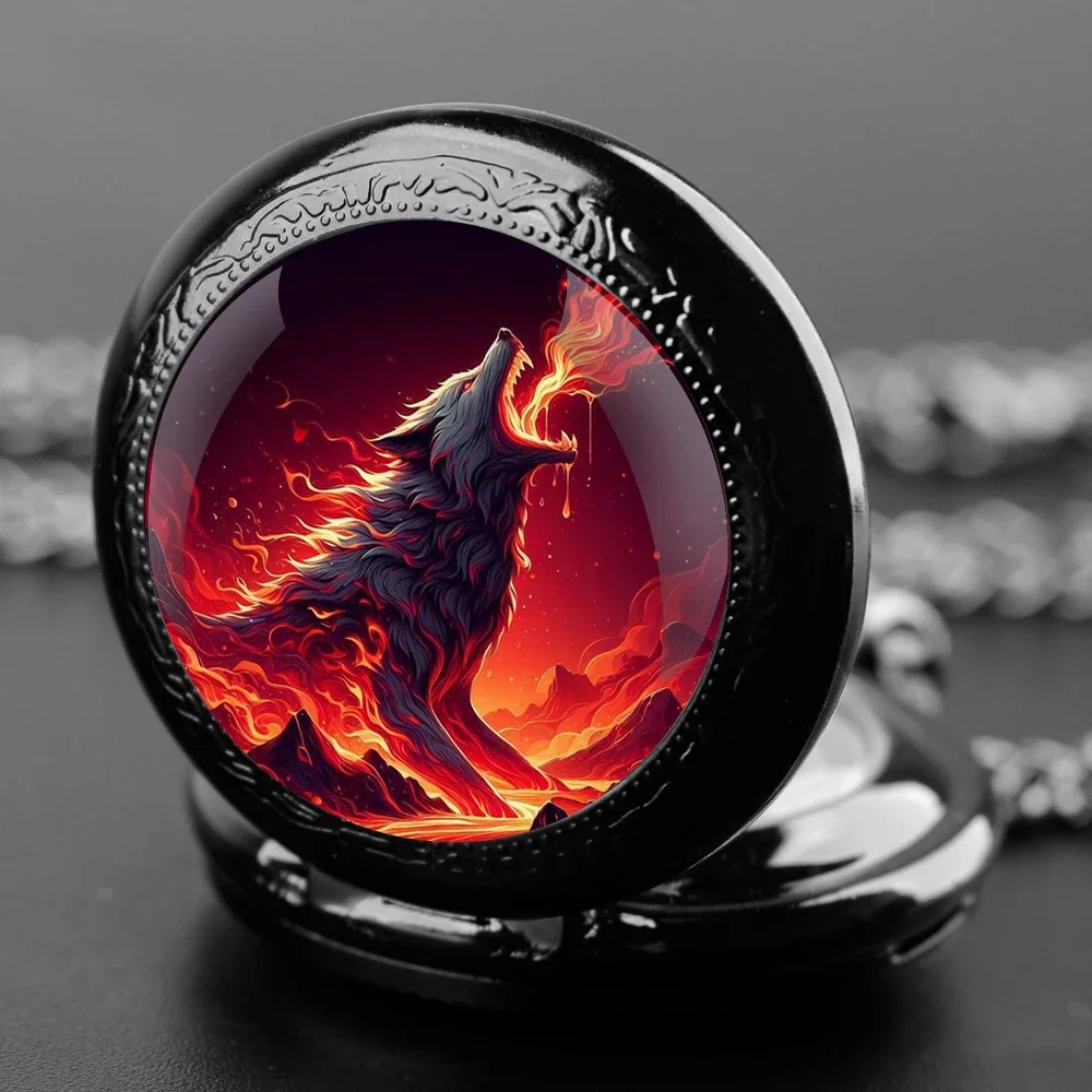 Fireburst Wolf Design นาฬิกาพ็อกเก็ตควอตซ์ Vintage Chain ตัวเลขภาษาอาหรับสําหรับผู้ชายและผู้หญิงของขวัญสร้างสรรค์