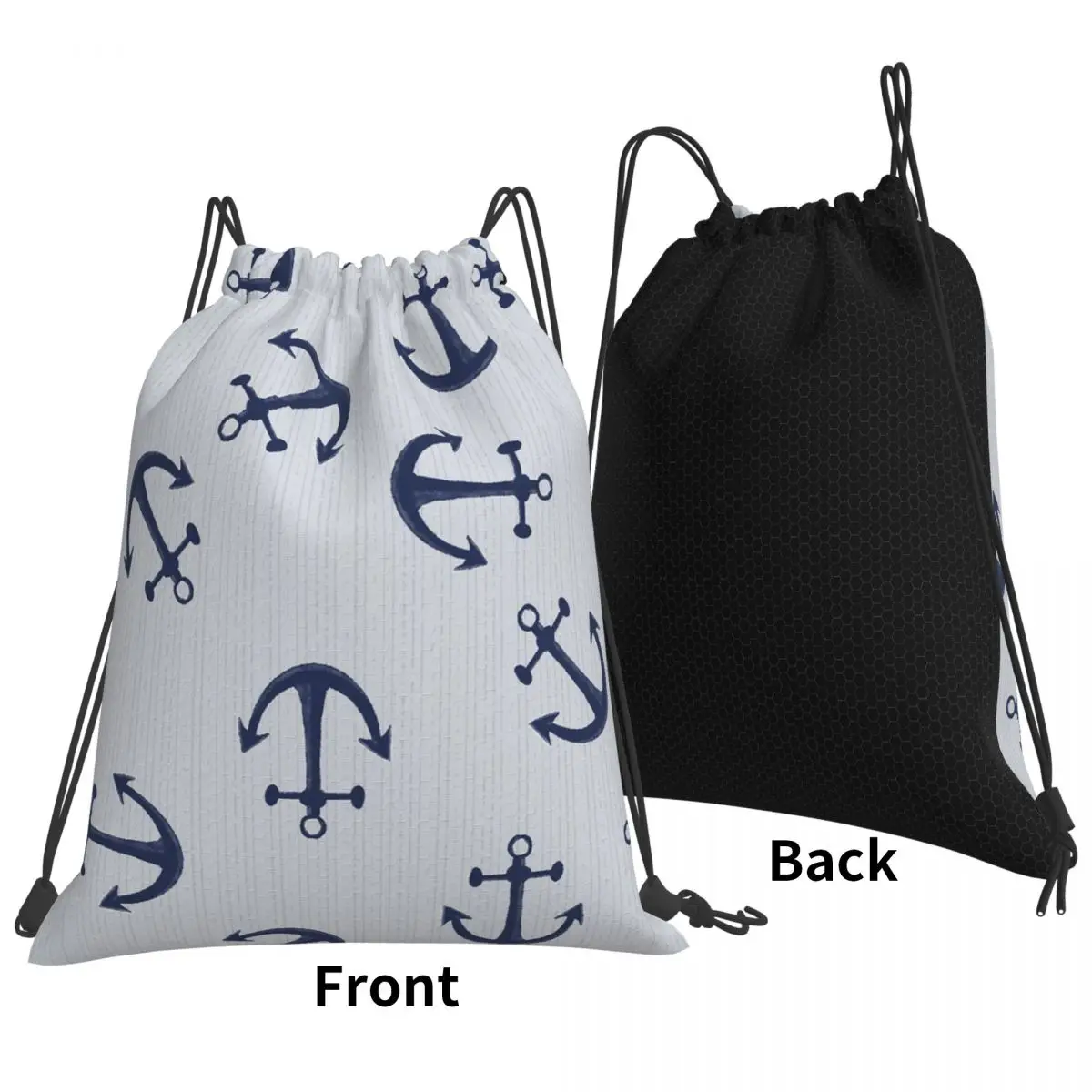Maritime Pattern Of Blue Anchors On Light Gray Backpacks Portable Drawstring Bags Sports Bag Book Bags for Travel School