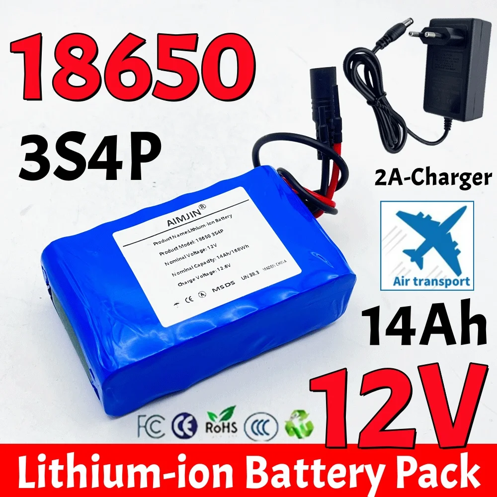 

12V 14000mAh 3s4p battery pack 18650 lithium ion 12V 14Ah DC12.6V super large capacity rechargeable battery with BMS+2A charger