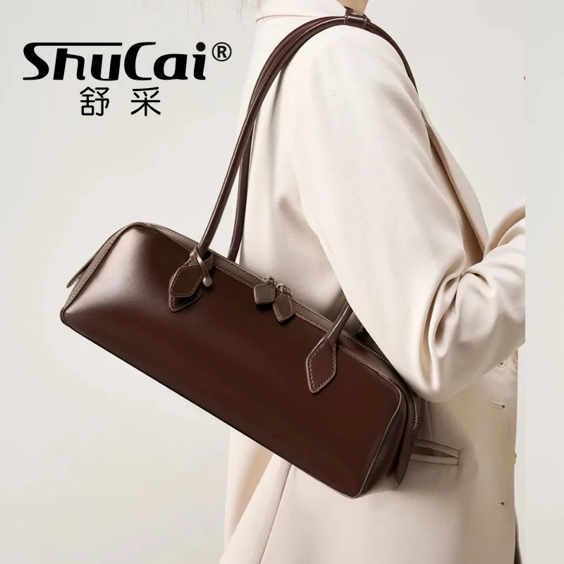 SHUCAI cowhide leather bag woman 2025 new korean luxury designer vintage long shoulder Handbags ladies underarm Shopping bag