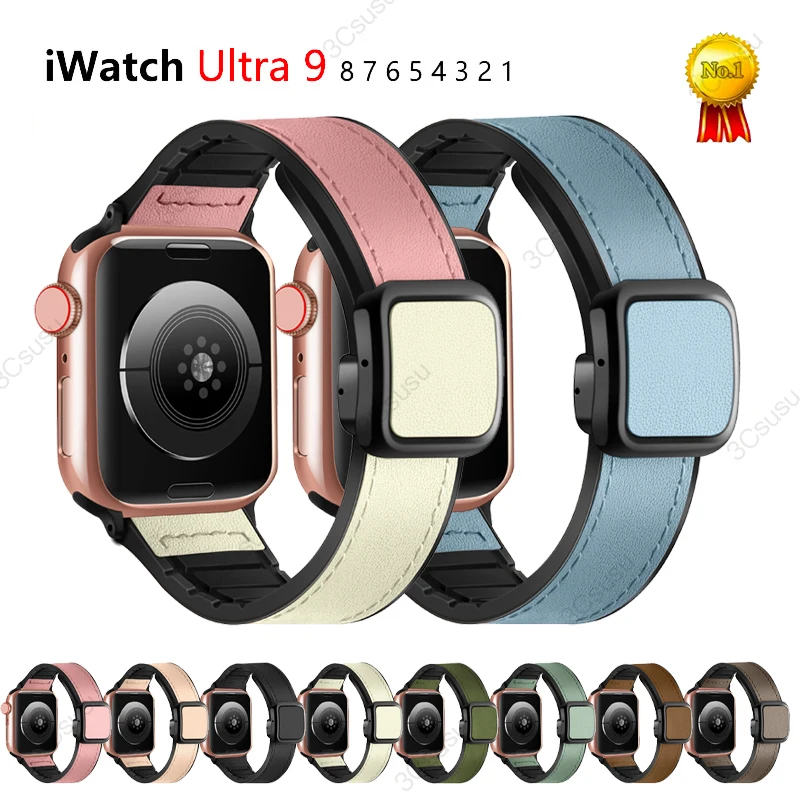 Strap for Apple watch band 45mm 44mm 49mm 42mm 40mm 41mm Magnetic Leather bracelet correa iWatch Series 9 8 7 6 5 4 3 SE Ultra 2