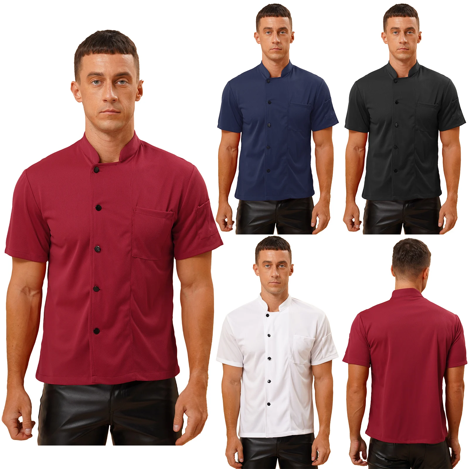 Mens Chef Shirt Breathable Work Uniform Solid Color Stand Collar Short Sleeve Button T-shirt Kitchen Restaurant Cooking Costume