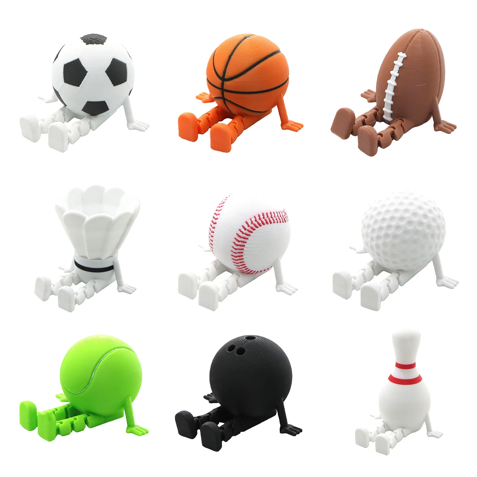 Sports Ball Buddies 3D Printed Cute Desk Balls Decor Movable Arms & Legs Multi-Use for Boys Girls Adults Student Home Office Use