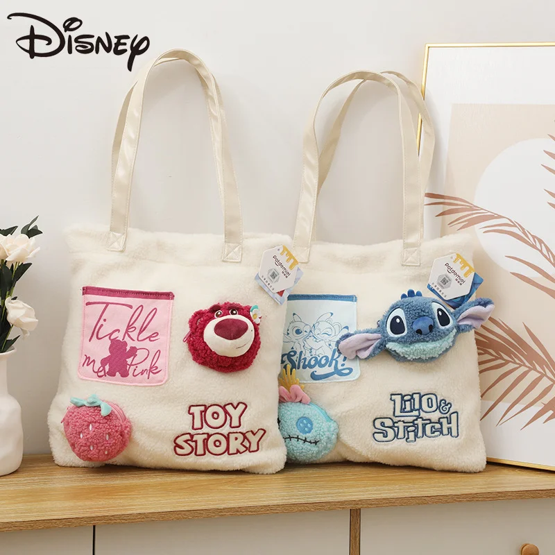 Disney morango urso bonito doce portátil bolsa ponto dos desenhos animados de pelúcia simples leve grande capacidade mochila ombro